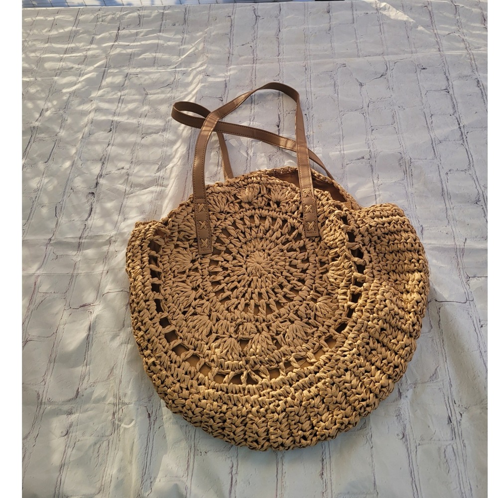 Boho Round Woven Straw Tote Bag Tan Crochet Circle Beach Handbag Summer Shoulder